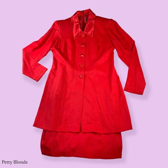 VTG Virgo Womens Red Skirt Suit Size 6 Longline Blazer Set Office Retro Holiday - Picture 1 of 16